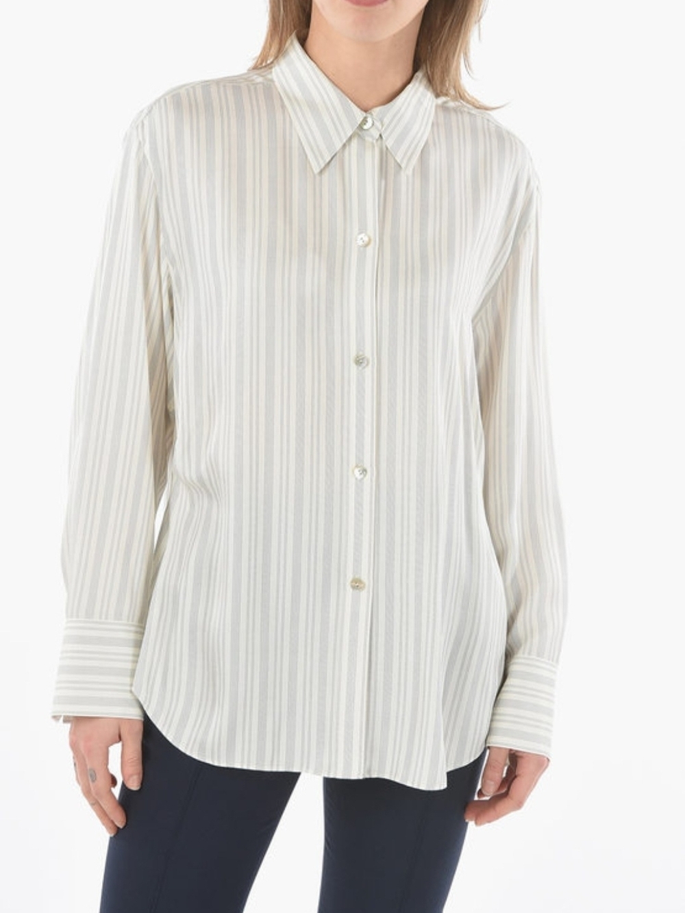 Vince. Silk-Blend Stripe Sculpted Long Sleeve Shirt Off-White
Size S
